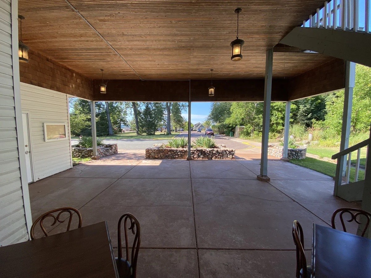 The covered front patio by the entrance