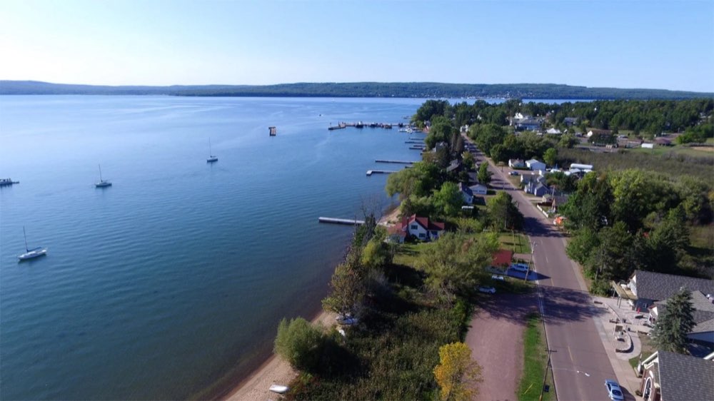 An aerial view of La Pointe and the lake